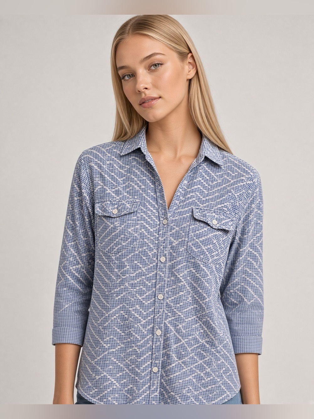 J. McLaughlin Brynn Linen Stretch 3/4 Sleeve Button Down Shirt Blue Pattern M